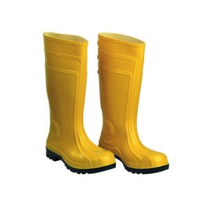 Stivale in PVC di colore giallo, suola carro armato di colore nero, puntale e lamina in acciaio.